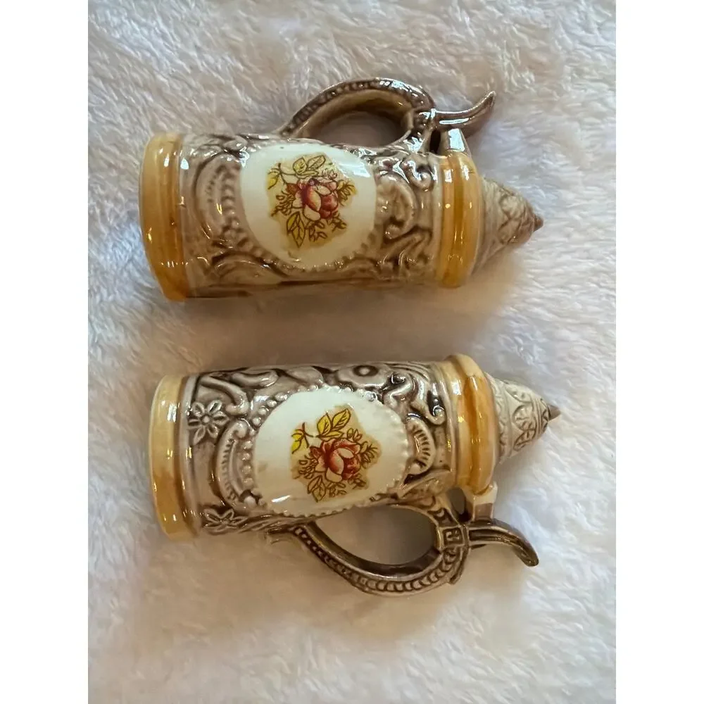 Vintage Mini Ceramic Beer Stein Salt & Pepper Shakers Floral Relief Japan Set 2